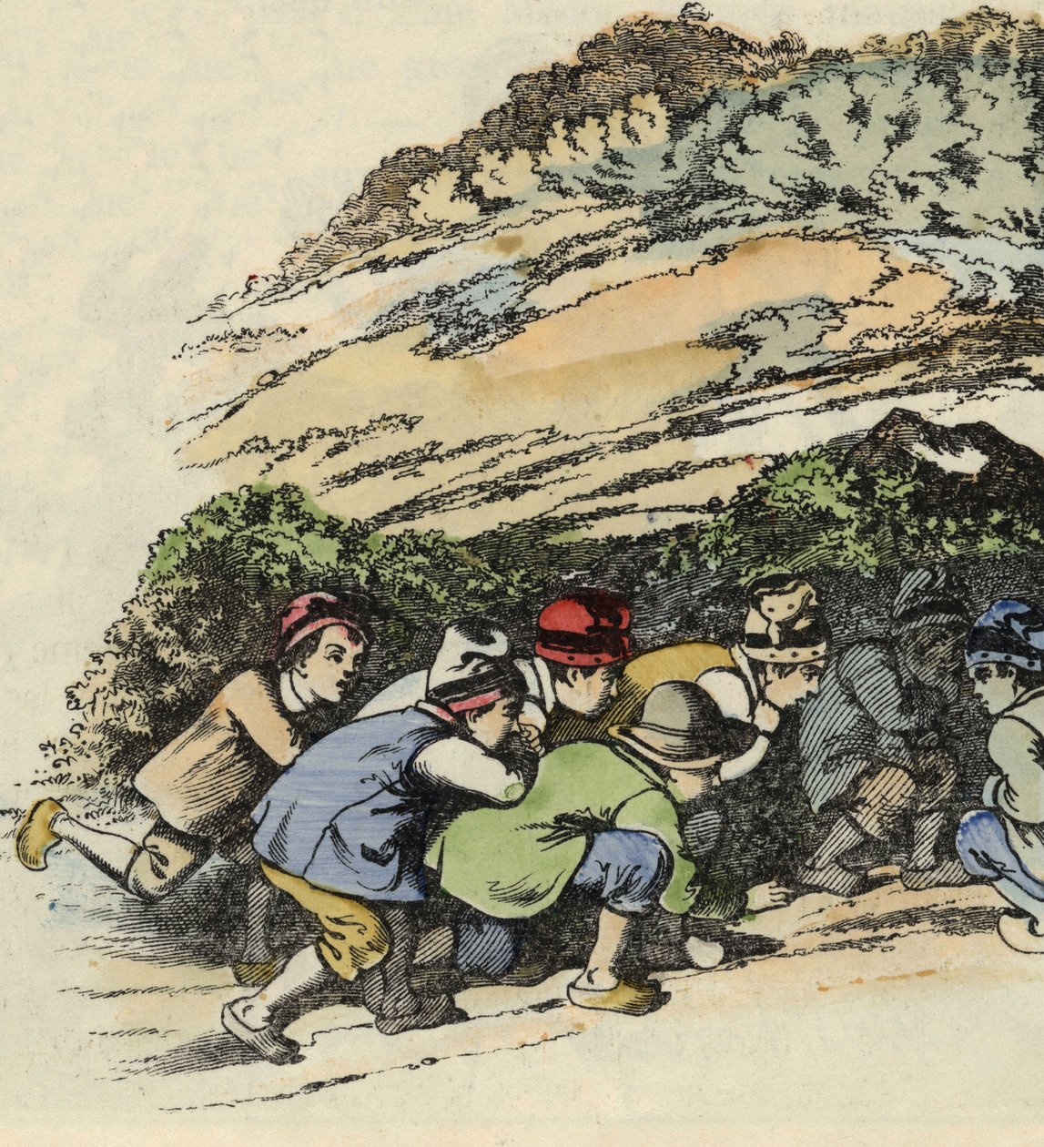 Ferry małego Pouceta chowają się w wydrążonej skale, aby uciec przed ogrem. Ilustracja do bajki „Le Pepetit Poucet” autorstwa Charlesa Perraulta autorstwa Unknown artist