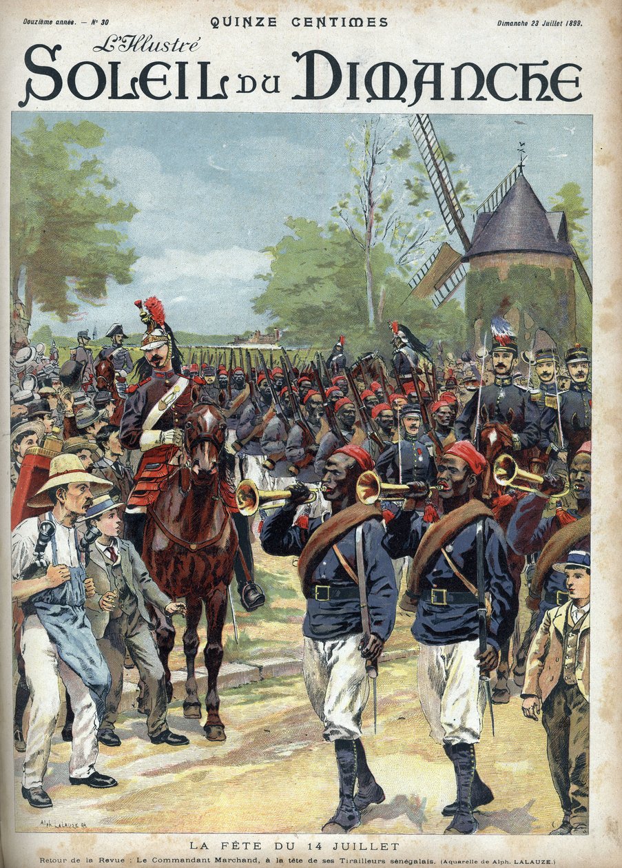 Święto 14 lipca: Komandor Marchand ma głowę senegalskich jeźdźców. Grawerowanie w „”Le sun-du-dimanche”, 23 lipca autorstwa Unknown artist