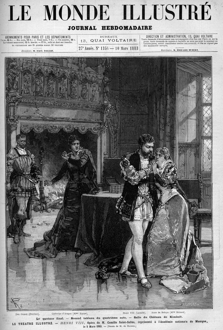 Ostatni kwartet, drugi obraz czwartego aktu, który rozgrywa się w pokoju zamku Kimbolt. Scena z opery Henryk VIII Camille Saint Saens (Saint-Saens) reprezentowanej na krajowej akademii muzycznej 5 marca autorstwa Unknown artist