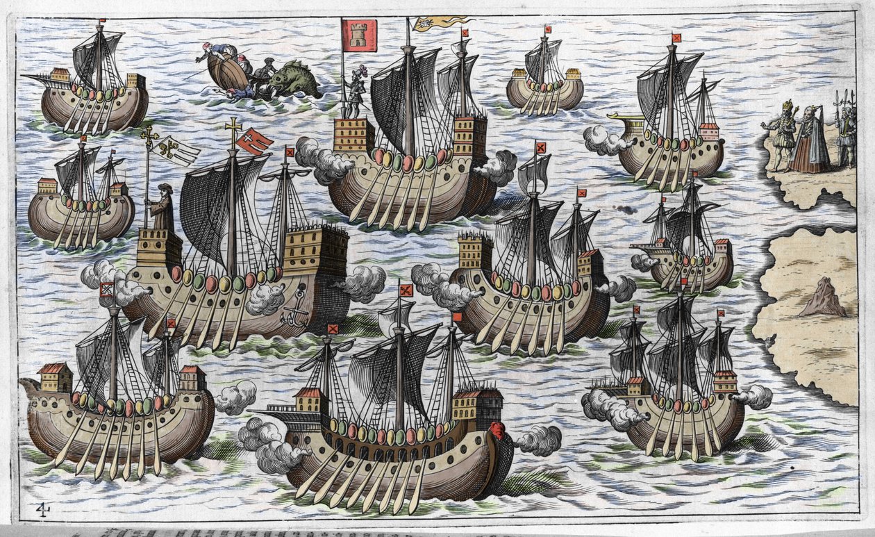 Flota Krzysztofa Kolumba (Cristoforo Colombo) na podbój nowego świata – w „New Tipus After the Voyage of the New World” Philoponusa Honoriusa autorstwa Unknown artist