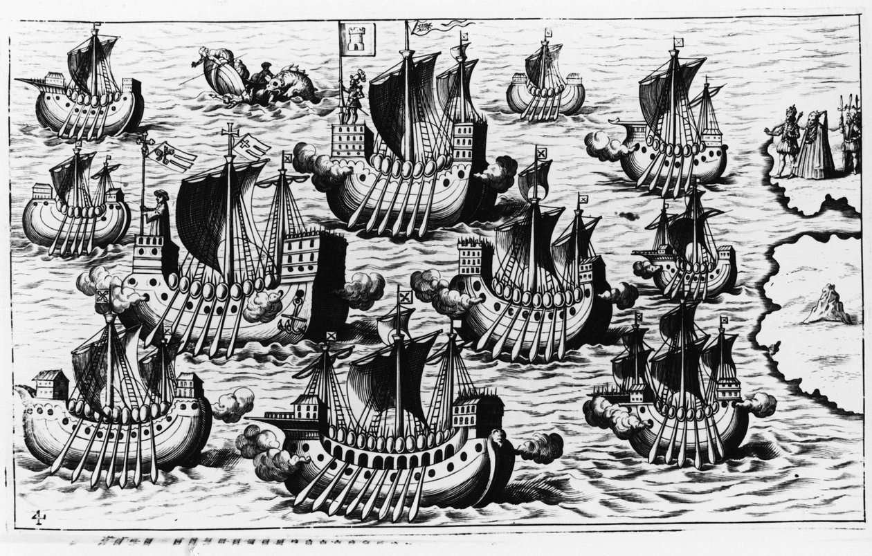 Flota Krzysztofa Kolumba (Cristoforo Colombo) na podbój nowego świata – w „New Tipus After the Voyage of the New World” Philoponusa Honoriusa autorstwa Unknown artist