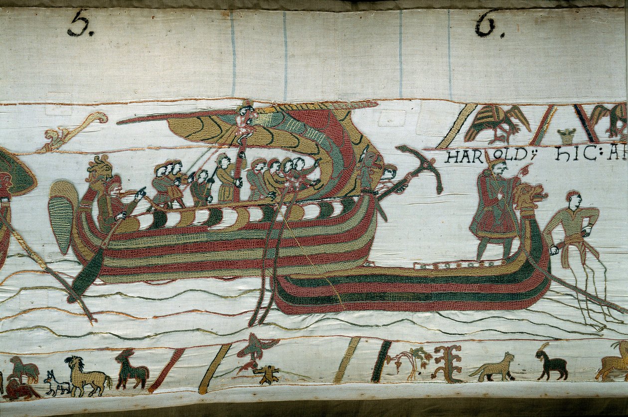 Flota Harolda, który przybył, aby poinformować księcia Normandii Wilhelma Zdobywcy (1027-1087), że będzie następcą korony Anglii po śmierci Edoaurda Wyznawcy, zostaje złapany przez tempete, które rzuca ją na wybrzeża hrabiego Guy de P autorstwa Unknown artist