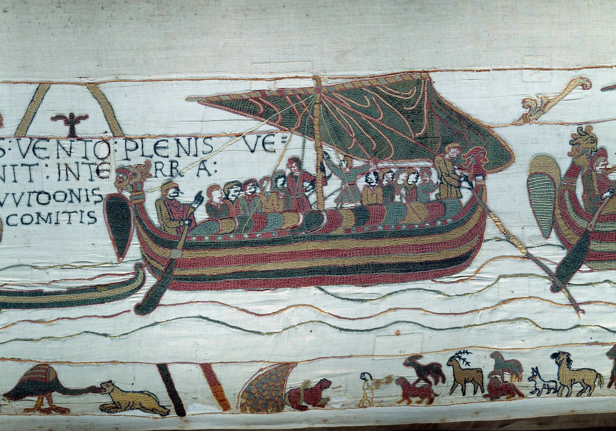 Flota Harolda, który przybył, aby poinformować księcia Normandii Wilhelma Zdobywcy (1027-1087), że będzie następcą korony Anglii po śmierci Edoaurda Wyznawcy, zostaje złapany przez tempete, które rzuca ją na wybrzeża hrabiego Guy de P autorstwa Unknown artist