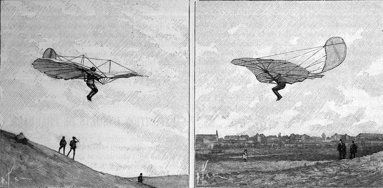 Latający samolot Otto Lilienthala (1848-1896), niemieckiego pioniera aeronautyki, w dwóch różnych pozycjach (na zdjęciu). Grawerowanie w „”La Nature: revue des sciences et de leurs applications aux arts et a l