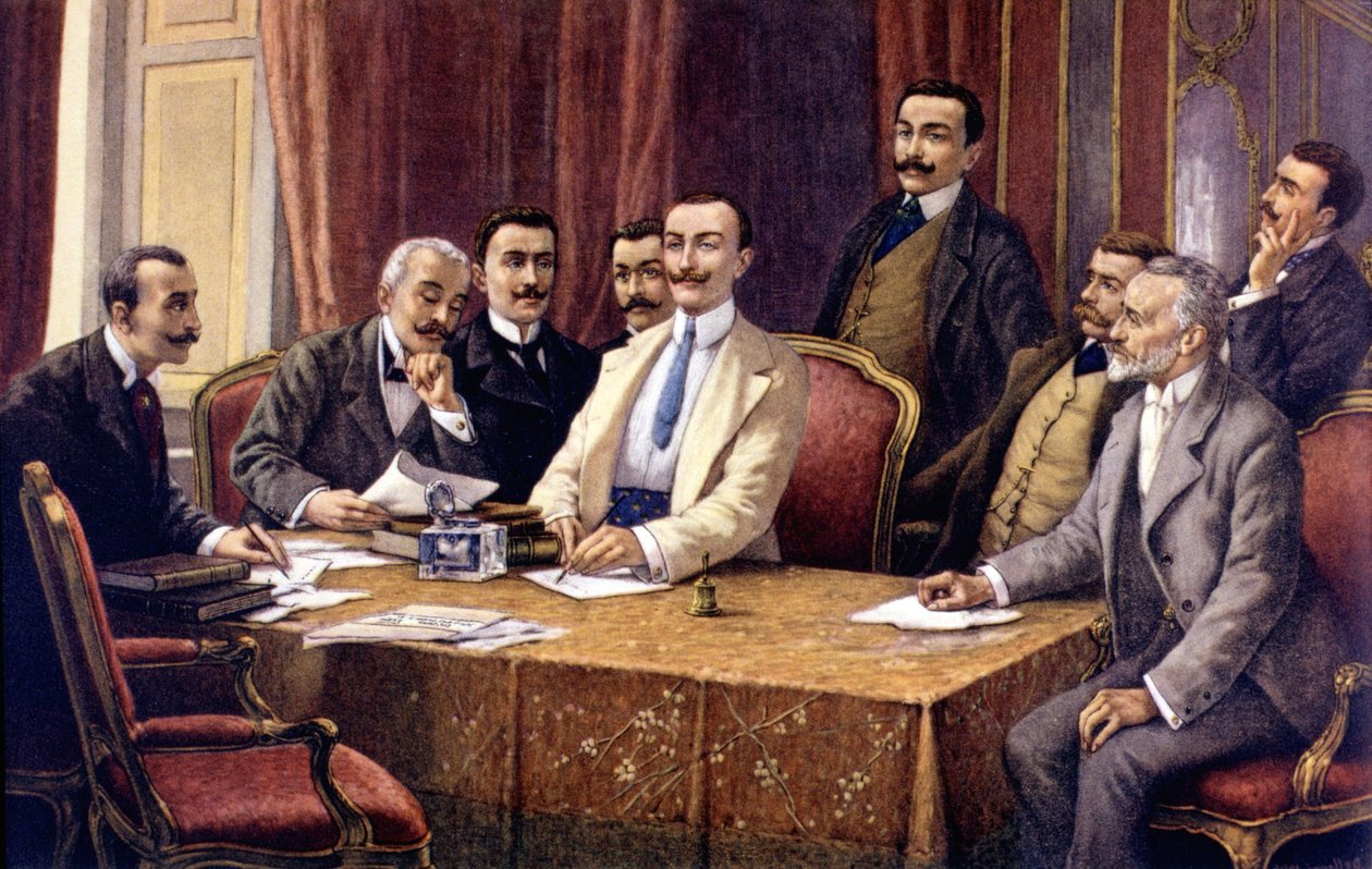 Założyciele Fiata przez L. Delleaniego (1840 - 1908). Od lewej (siedzą): hrabia Bisometti, prawnik Racca, hrabia Bricherasso, Ceriana, Giovanni Agnelli, prawnik Scarfiotti, Ferrero oraz (stojąc) Luigi Damevino i prawnik Goria Gatti. Św. koniec XIX wieku autorstwa Unknown artist