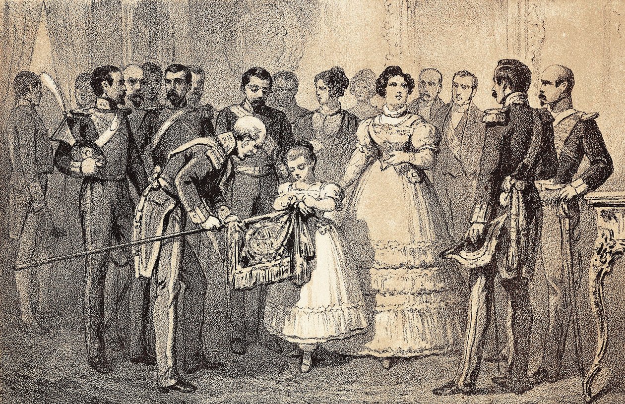 Przyszła królowa Hiszpanii Izabela II (Isabella de Bourbon) (1830-1904) (Isabel II of Espana) zdobiąca flagę Włóczni Gwardii Zakonu Świętego Ferdynanda (San Fernando). Litografia. autorstwa Unknown artist