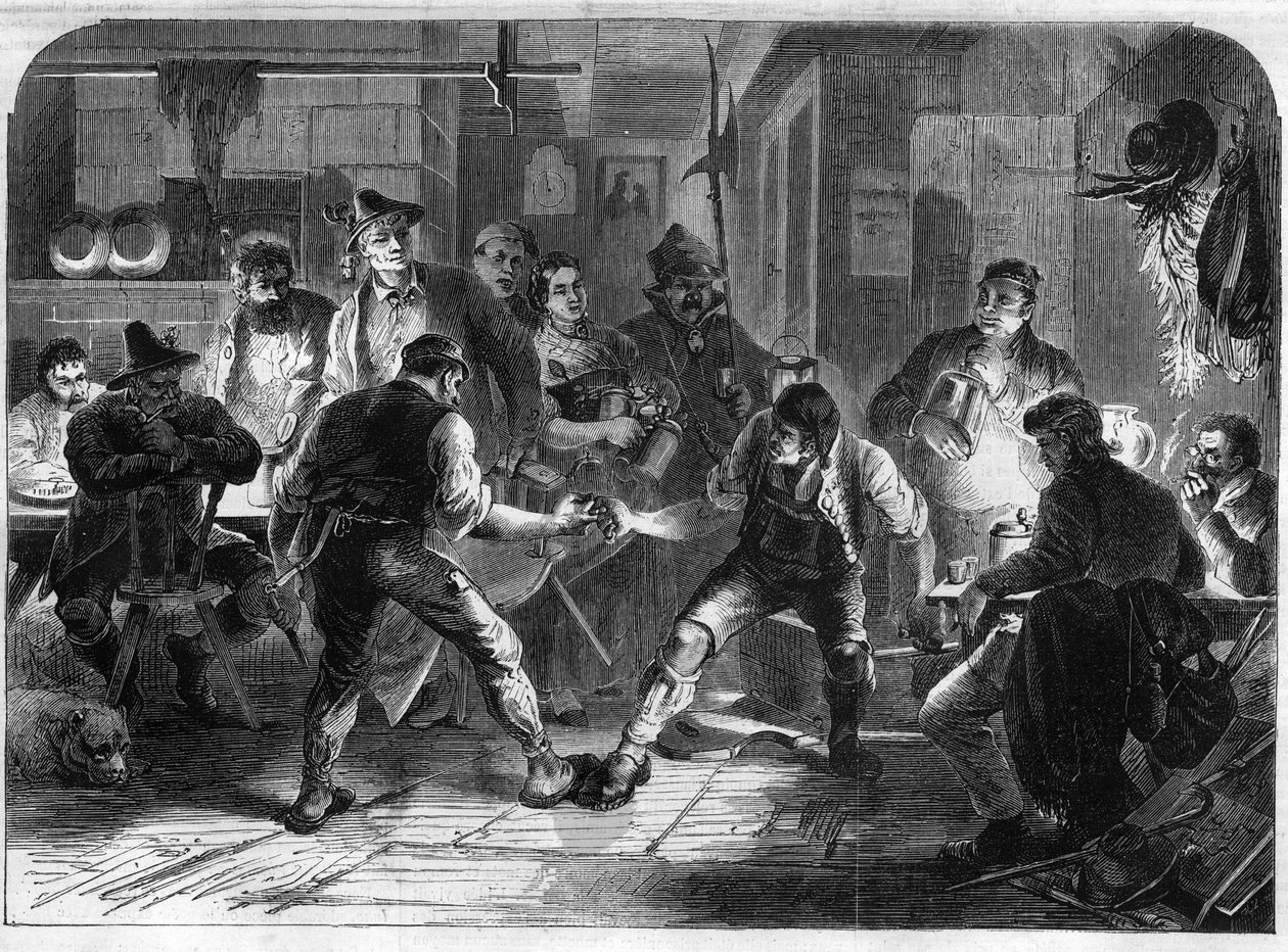 Gra Hakeln w wiosce o wysokiej baviere w Niemczech. Grawerowanie w „”Wspaniałym wszechświecie”” autorstwa Unknown artist