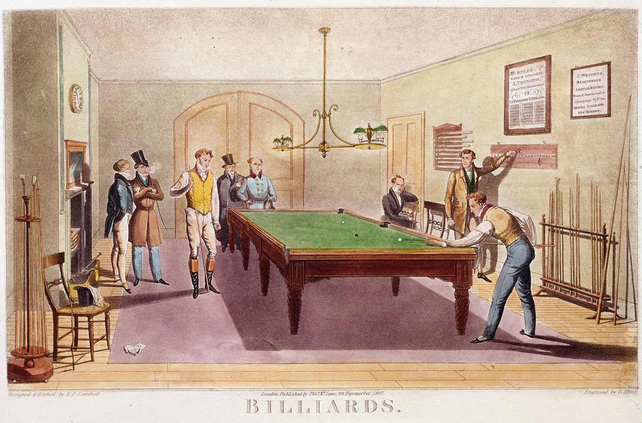 Gra w bilard Panowie z wysokiego społeczeństwa angielskiego grający w bilard. Grawer z 1827 r. Kolekcja prywatna autorstwa Unknown artist