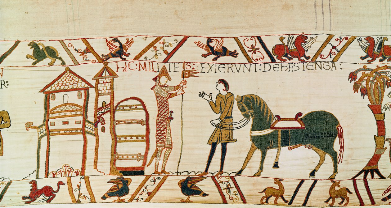 Brama Hastings otwiera się dla Normanów na marsz przeciwko Haroldowi, Bayeux Tapestry (haft z wełny na płótnie) autorstwa Unknown artist