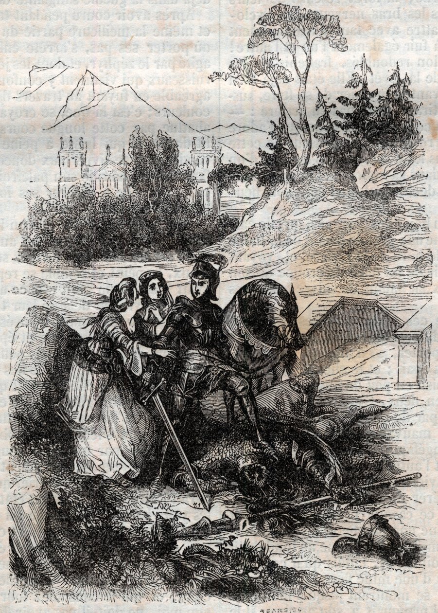 The Giant Eriphile Defeated by Roger (Ruggero, Ruggiero) – Grawerowanie z 1851 roku z „”Furious Roland”” (XVI wiek) Ludovico Ariosto, znanego jako Ariosta – Wydanie przetłumaczone z włoskiego przez hrabiego Tressan i wydane przez Gust autorstwa Unknown artist