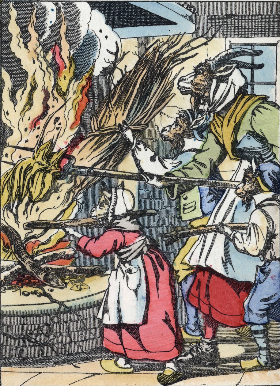 Koza i drobiazgi podpalają komin. Ilustracja do baśni „Compere le Loup, Maitre Renard, Comere la Chevre et ses petits biquets”” według bajki Jeana de la Fontaine. W „Opowieściach z domu dla najmłodszych””. Grawerowanie anonimowe autorstwa Unknown artist