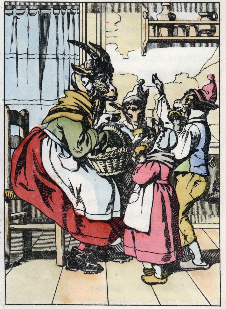 Koza jest poza rynkiem, słuchając historii bikietów. Ilustracja do baśni „Compere le Loup, Maitre Renard, Comere la Chevre et ses petits biquets”” według bajki Jeana de la Fontaine. W „”Bajki z domu dla najmłodszych”” autorstwa Unknown artist