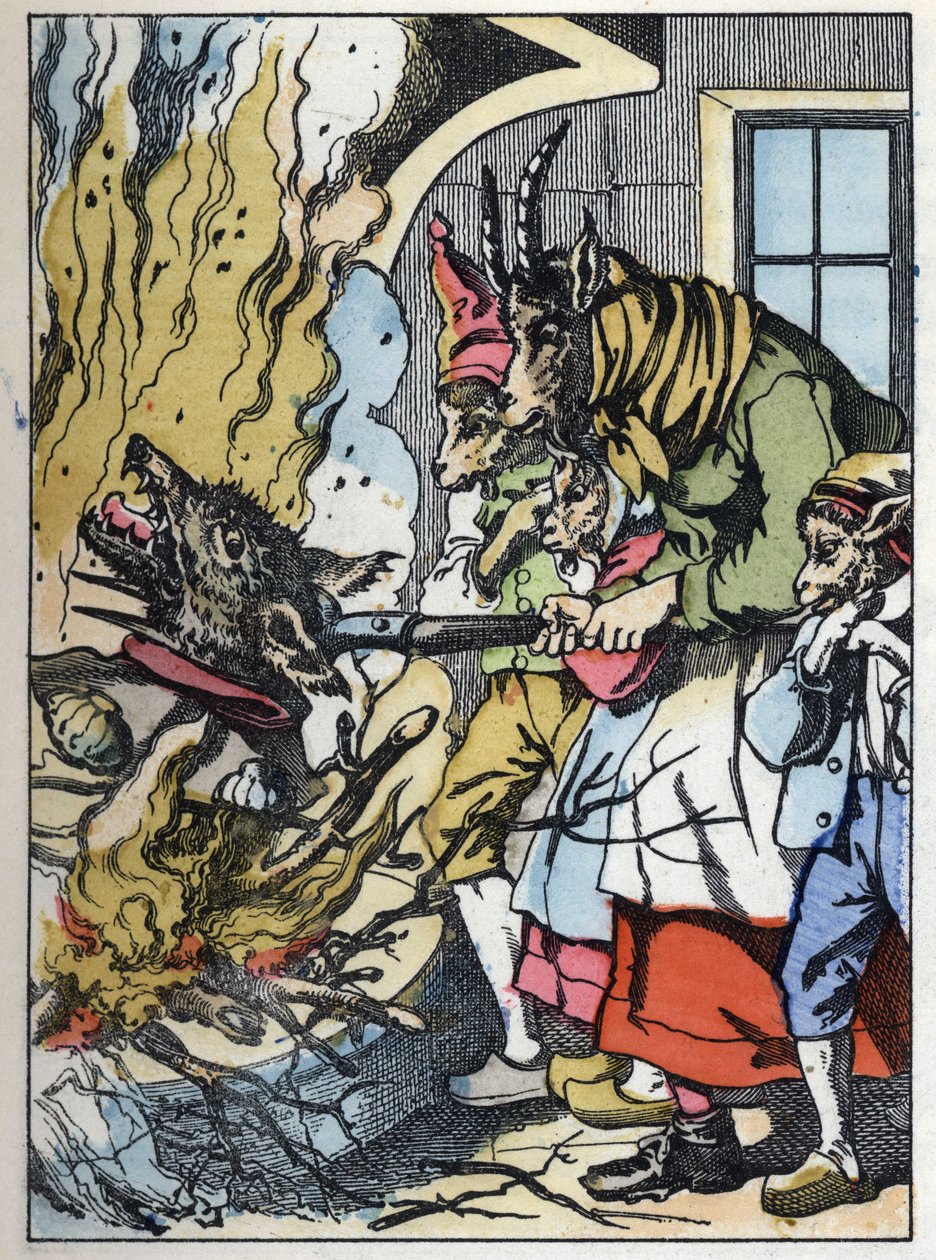 Koza zabija wilka w kominie. Ilustracja do baśni „Compere le Loup, Maitre Renard, Comere la Chevre et ses petits biquets”” według bajki Jeana de la Fontaine. W „Opowieściach z domu dla najmłodszych””. Anonimowy grawer z 19t autorstwa Unknown artist