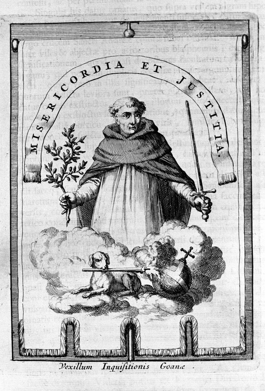 Gonfalon (gonfanon) Inkwizycji w Goa, kolonia portugalska w Indiach - Przedstawiciel Dominikany nosi godło Inkwizycji: miecz i gałązkę oliwną, symbol kary, ale także pokoju i sprawiedliwości autorstwa Unknown artist