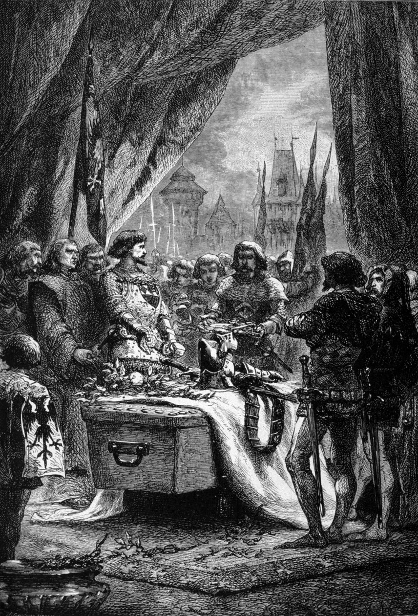 Gubernator umieścił klucze Chateauneuf de Randon na trumnie Bertranda Du Guesclina (1320 - 1380), bretońskiego wojownika i francuskiego patrioty przeciwko Anglikom. Rycina XIX wieku. autorstwa Unknown artist