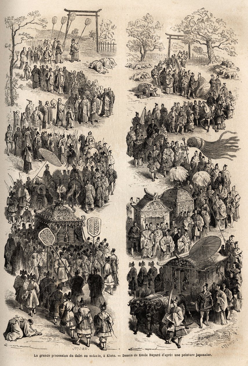 Wielka procesja Mikado (Cesarza Japonii) w dairi, starożytnym zamku cesarskim Heian-kyo (Heian Kyo, dzisiejsze Kioto) w latach 794-1869. Rycina ilustrująca podróż do Japonii w latach 1863-1864, Aime Humbert, minister Szwajcarii autorstwa Unknown artist