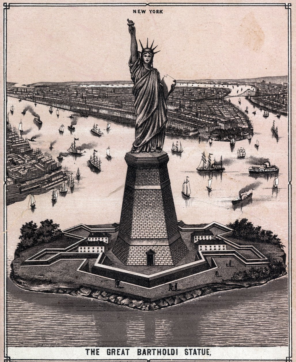 Wielki posąg Bartholdiego w Nowym Jorku, USA w „Świat ilustruje 168 widoków”” Niedatowany (koniec XIX wieku) autorstwa Unknown artist