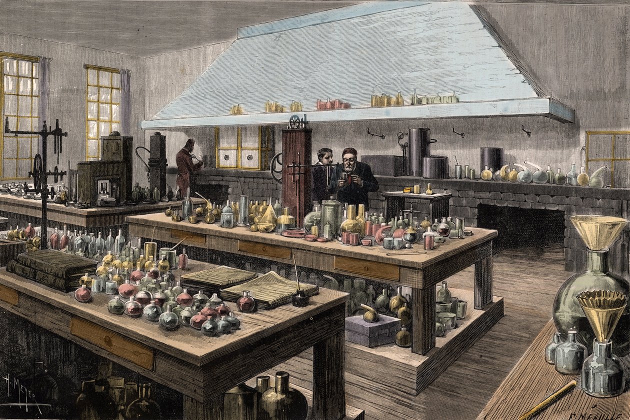 Wielkie laboratorium Louisa Pasteura (1822-1895), francuskiego chemika i biologa, w Ecole Normale Superieure - Louis Pasteur w jego laboratorium w Ecole Normale Superieure - Grawerowanie autorstwa Meyera 1884 autorstwa Unknown artist