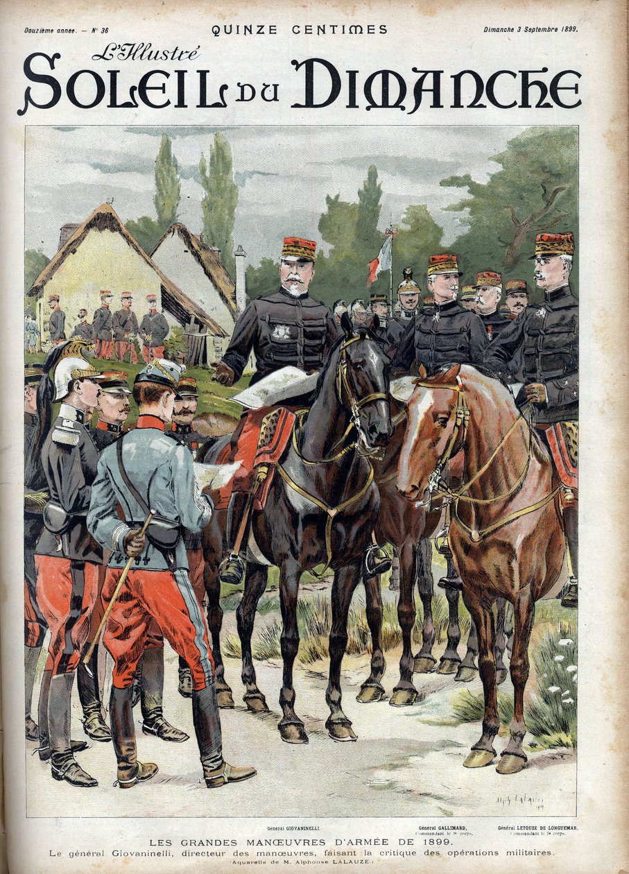 Wielkie manewry armii 1899. Generał Giovaninelli, dyrektor manewrów, krytykujący operacje wojskowe. Grawer w „”Le sun-du-dimanche””, 3 września 1899 r. autorstwa Unknown artist