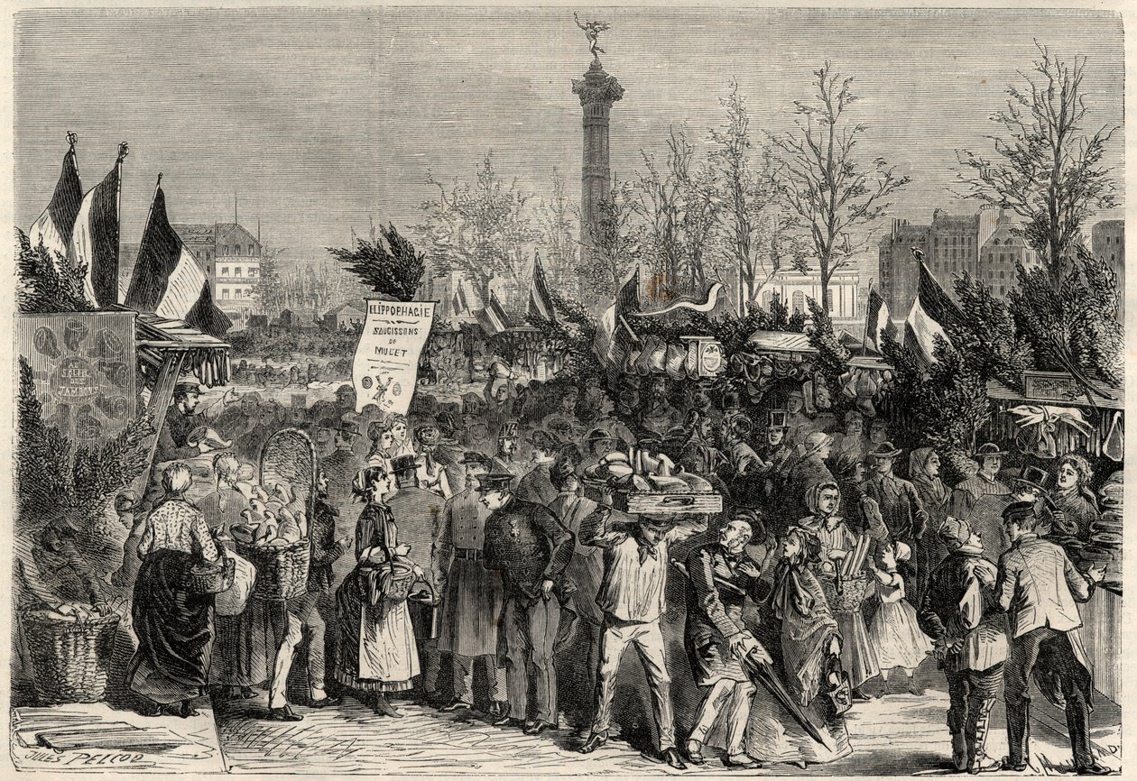 Targi szynki Boulevard Bourdon w 4. dzielnicy Paryża w pobliżu Place de la Bastille. Znak reklamuje mięso barweny (Hyperphagia). Grawer w „Prześwietnym Wszechświecie” autorstwa Unknown artist