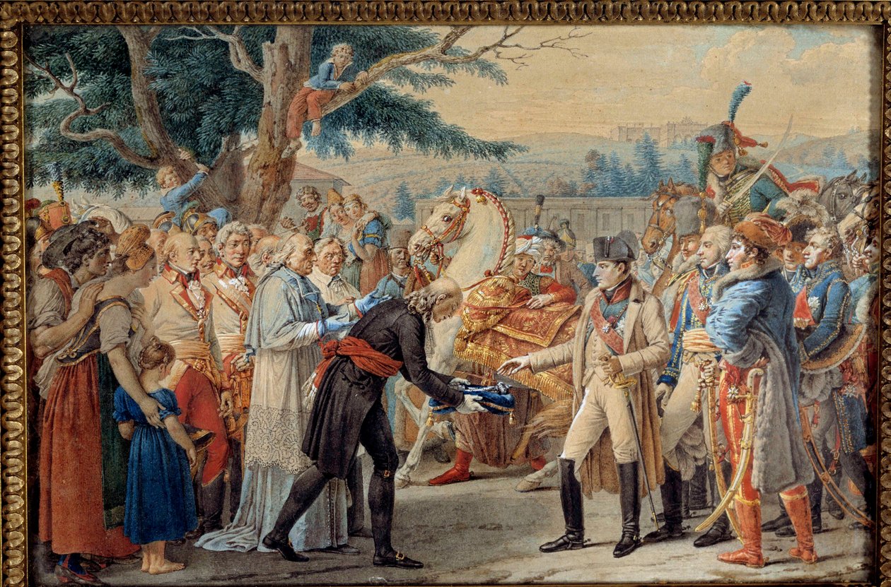 Przekazanie kluczy wiedeńskich Napoleonowi I (1769-1821) Cesarz powrócił do dezerteru stolicy Austrii przez Franciszka II Habsburga w dniu 14.11.1805. Gobelin z XIX wieku. Ile D