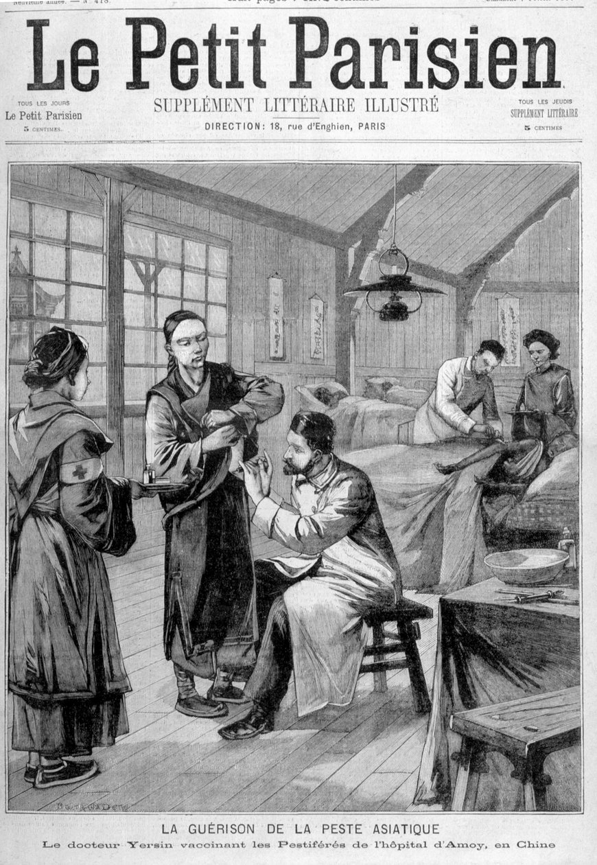 Uzdrowienie z dżumy azjatyckiej: dr Yersin szczepi szkodliwe zwierzęta szpitala Amoy w Chinach - w „Le Petite Parisien” od 07.02.1897 autorstwa Unknown artist