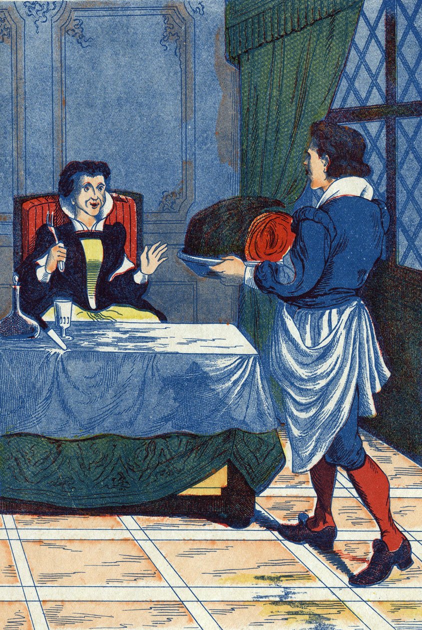 Mistrz hotelu podaje ogresowi dziecko. Ilustracja do „La belle au bois dormant”, opowiadania Charlesa Perraulta (1628-1703), francuskiego pisarza. Ilustracja anonimowa. Zdjęcia Marcel Vagne, Jarville Nancy, bez daty (koniec XIX wieku). autorstwa Unknown artist