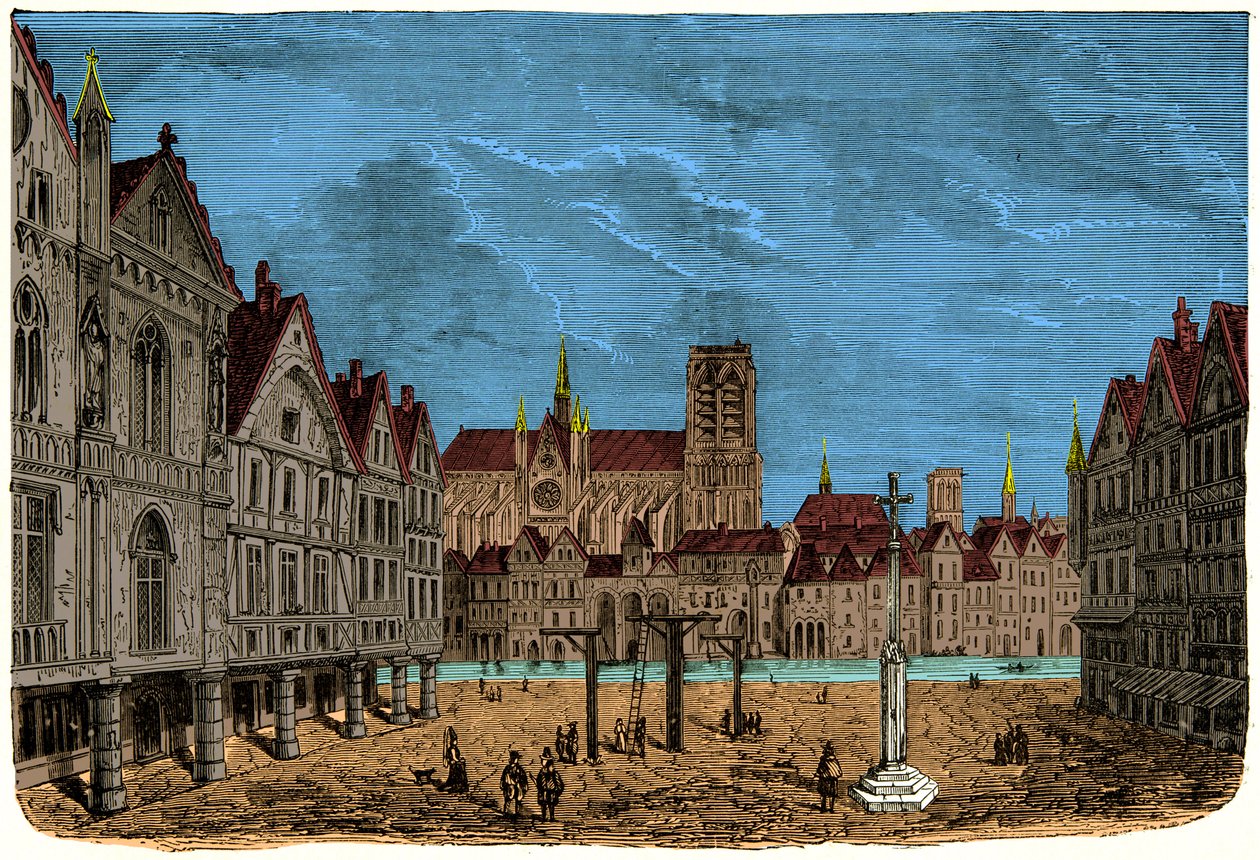 Dom z filarami lub dom delfina, dawny i pierwszy hotel miejski Paryża w średniowieczu, rycina XIX w. autorstwa Unknown artist