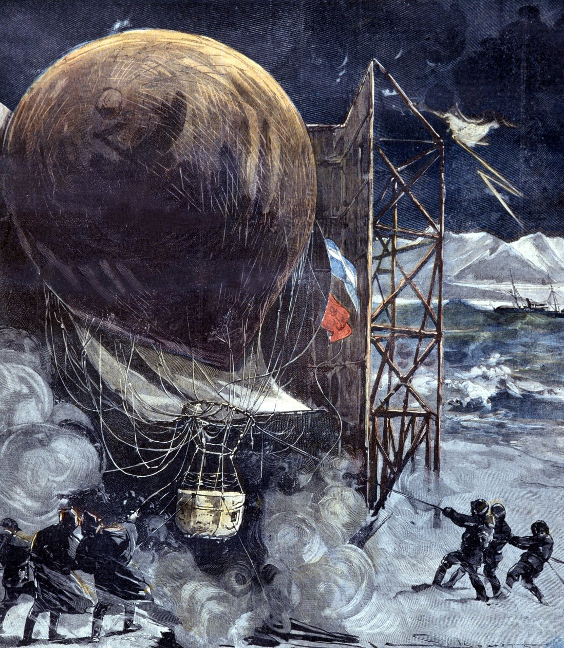 Balon wodorowy Oernen (Aquila) szwedzkiego inżyniera Solomona Andrée (1854 - 1897) podczas burzy śnieżnej na wyspie w Danii, na krótko przed odlotem na Biegun Północny, ekspedycją, która zostanie utracona. 1897 autorstwa Unknown artist