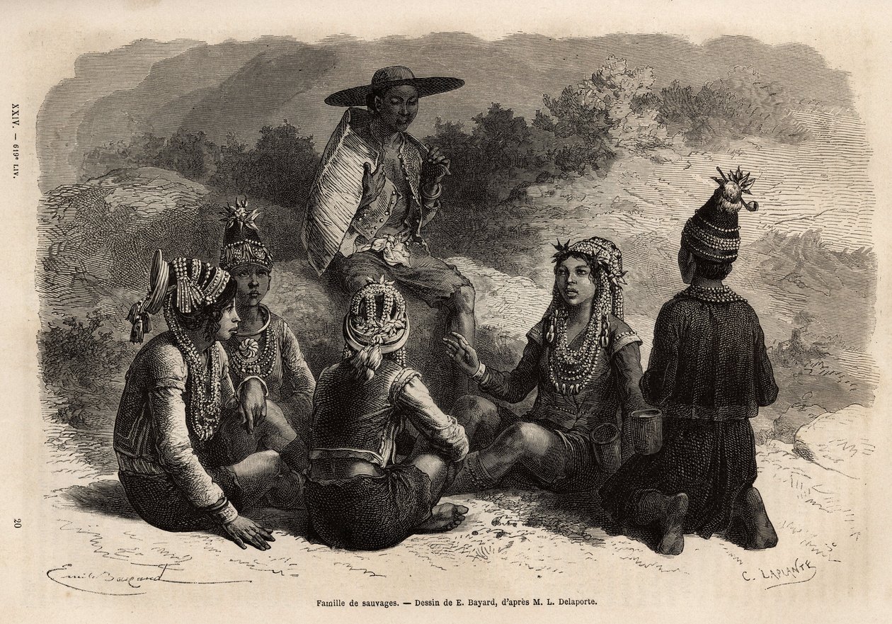 Rdzenna ludność Xieng Hong (Laos), ubrana w tradycyjne stroje, na kurtkę, ozdabia aksamitną klatkę piersiową z lamówką, spódnicę lub krótkie spodnie z czapką. Grawerowanie ilustrujące podróż eksploracyjną w Indochinach, b autorstwa Unknown artist