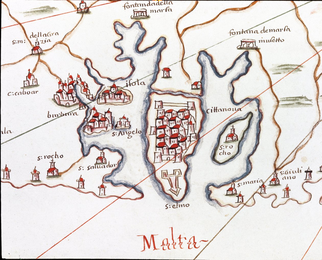 Wyspa Malta, z fortem St. Elmo (Szczegół Portulan de Castellini autorstwa Unknown artist