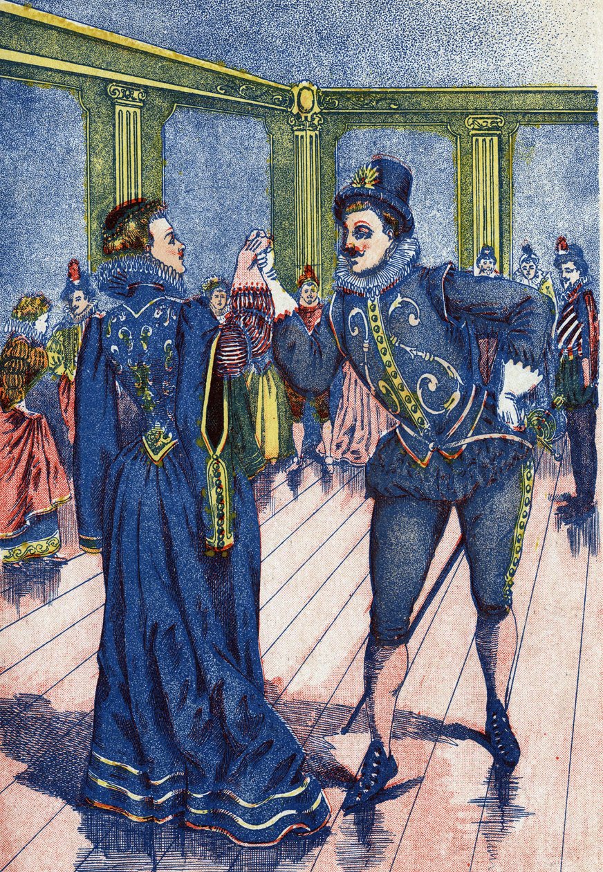 Syn króla sprawia, że Kopciuszek tańczy. Ilustracja do „Kopciuszek”, opowiadania Charlesa Perraulta (1628-1703), francuskiego pisarza. Zdjęcia Marcel Vagne, Jarville Nancy, bez daty (koniec XIX wieku). autorstwa Unknown artist