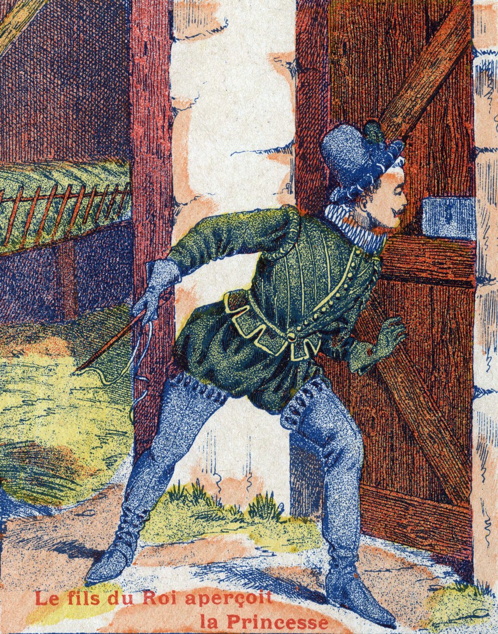 Syn króla zobaczył księżniczkę. Ilustracja do opowiadania „Skóra osła” autorstwa Charlesa Perraulta (1628-1703), francuskiego pisarza. Zdjęcia Marcel Vagne, Jarville Nancy, bez daty (koniec XIX wieku). autorstwa Unknown artist
