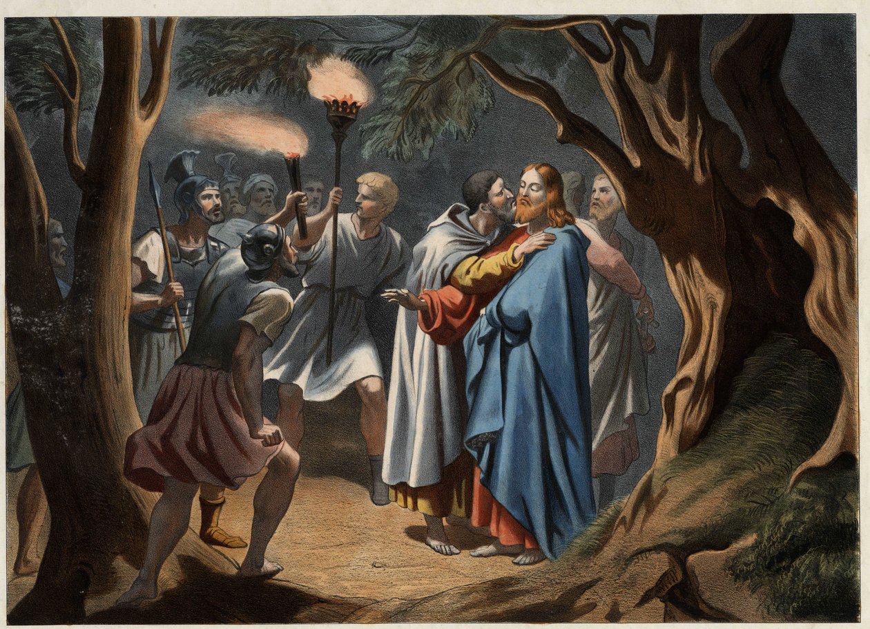 Pocałunek Judasza w Ogrodzie Oliwnym. Anonimowy rycina z połowy XIX wieku. autorstwa Unknown artist