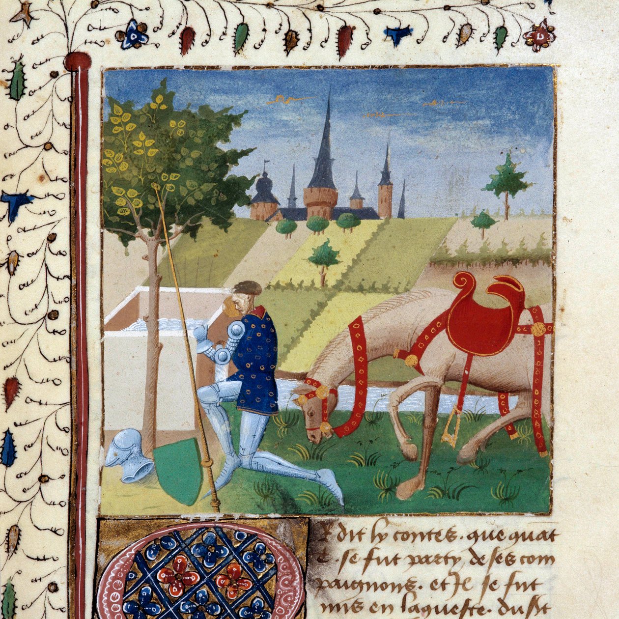 Rycerz Okrągłego Stołu Gauvain (lub Gawain), bratanek króla Artura w pobliżu fontanny. Miniatura z rękopisu „Powieść Quete of the Graal” 1450-1460 Dijon, Biblioteka Miejska autorstwa Unknown artist