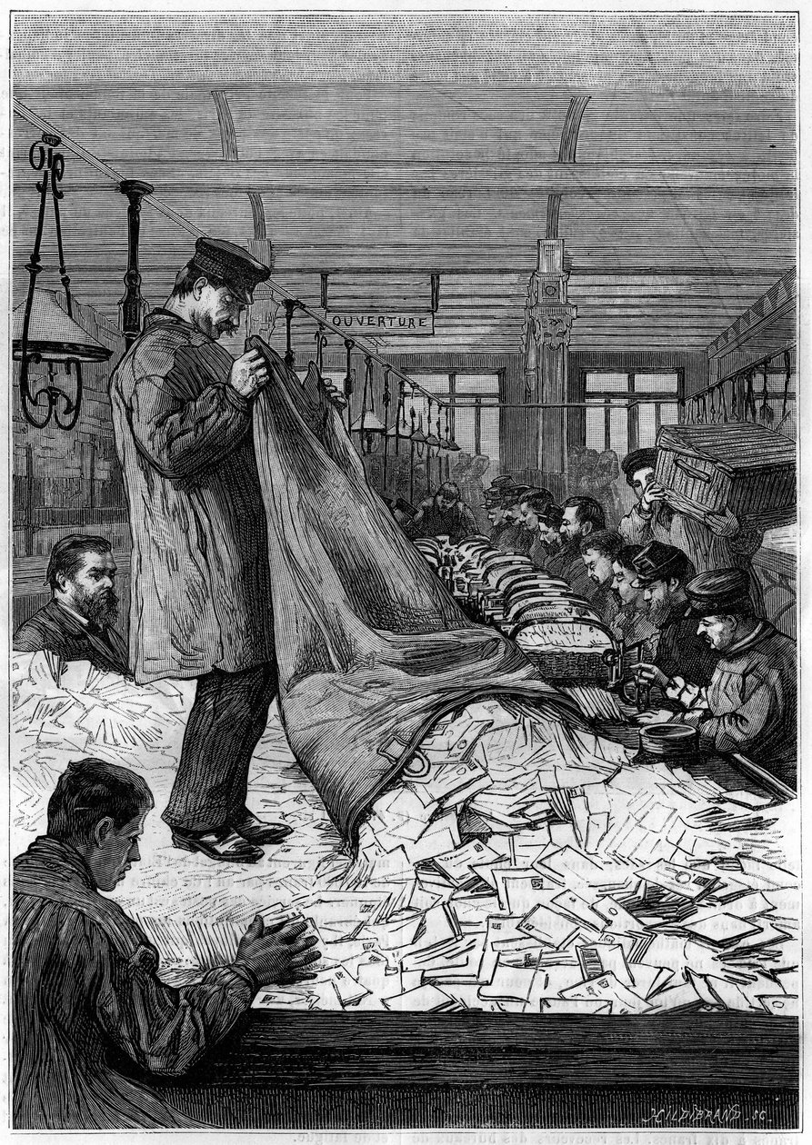 Wielkie tablice z literami w centrach sortowania Hotelu des Postes przy Rue du Louvre w Paryżu. Grawerowanie w czasopiśmie „”La jeunesse”” autorstwa Unknown artist