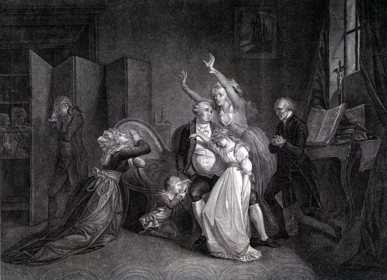Ostatni wywiad Ludwika XVI z rodziną (Maria Antonina i Ludwik XVII). Rycina XIX wieku. autorstwa Unknown artist