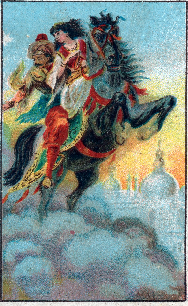 Przeciek. Opowieść „”Historia o zaczarowanym koniu””” w „”Tysiąc i jedna noc””” (1001 nocy lub Le mille e una notte, Arabian Nights). Chromolitografia z końca XIX wieku. autorstwa Unknown artist