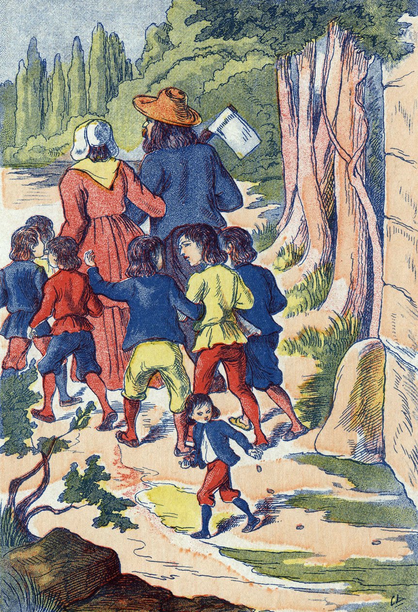 Mała saszetka sieje kamienie na swojej drodze. Ilustracja do „”Le Pepetit poucet””, opowiadania Charlesa Perraulta (1628-1703), francuskiego pisarza. Anonimowa ilustracja. Zdjęcia Marcel Vagne, Jarville Nancy, bez daty (koniec XIX wieku). autorstwa Unknown artist