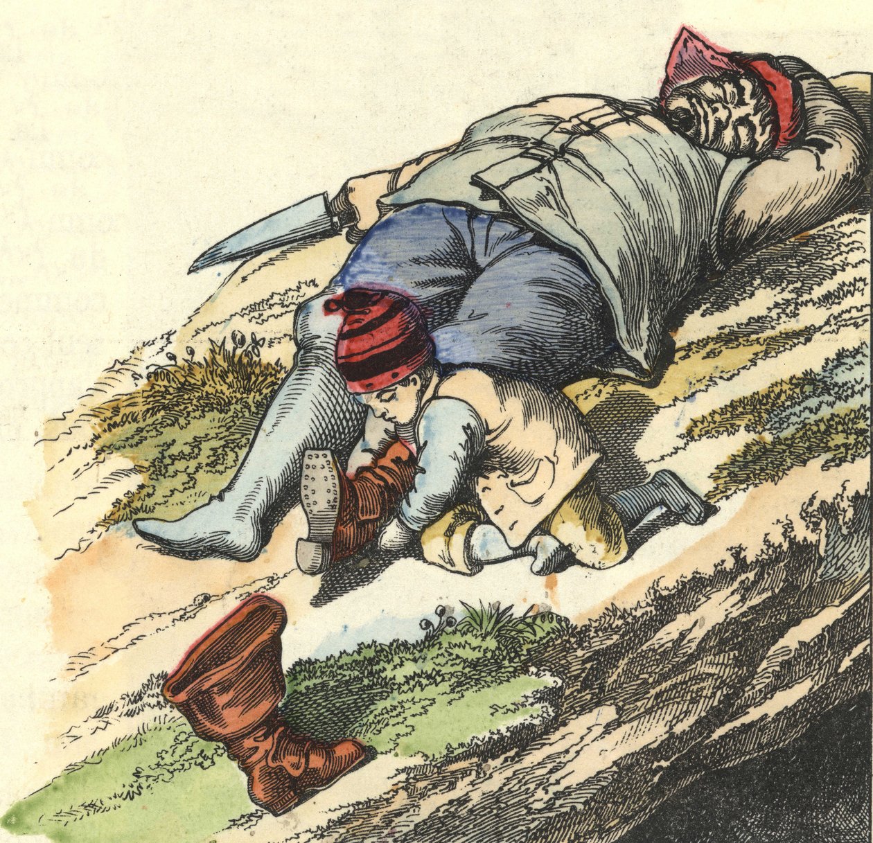 Mały pokrowiec kradnie buty z 7 miejsc śpiącemu ogra. Ilustracja do bajki „Le Petit Poucet” autorstwa Charlesa Perraulta autorstwa Unknown artist
