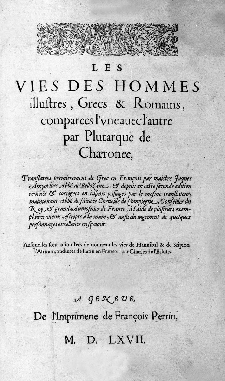 Życie wybitnych ludzi. Strona książki Plutarcha di Cheronee, zwana także „Paralleles Lives””. Wydanie szwajcarskie 1567. autorstwa Unknown artist