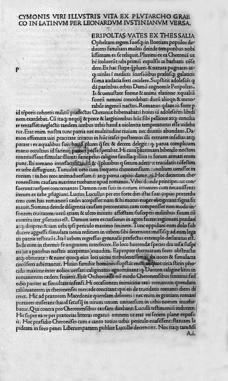 Życie wybitnych ludzi. Strona księgi Plutarcha di Cheronee, zwana także „” Paralleles Lives””. 1495. autorstwa Unknown artist