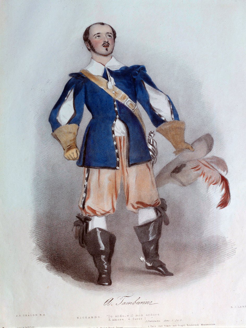 Śpiewak liryczny Antonio Tamburini (1800-1876) w roli Riccarda w operze „Purytani” Vincenzo Belliniego (1801-1835), akwarela z 1836 r. Paryż, biblioteka Muzeum Operowego autorstwa Unknown artist