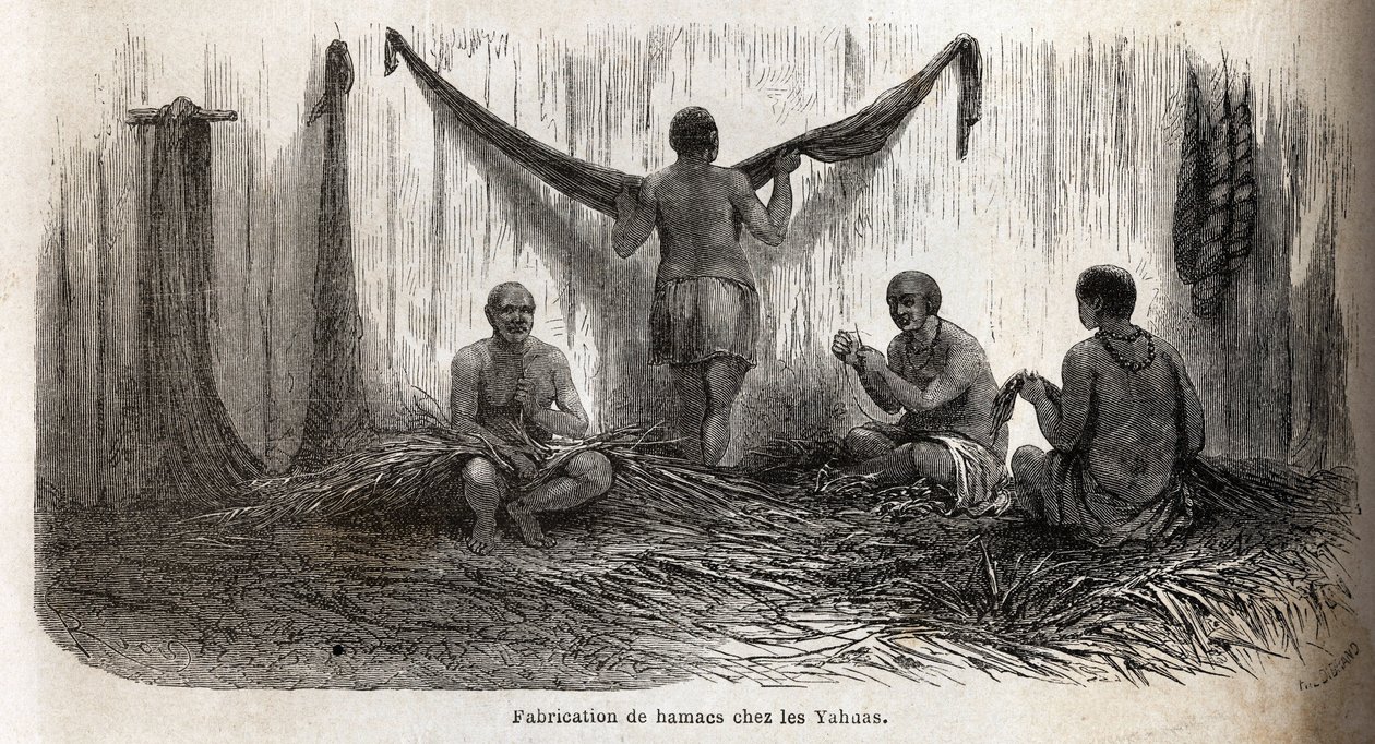 Wyrabianie filetów hamaków wśród Indian Yahua z Peru, z cienkich nici drzew palmowych chambira. Grawerunek ilustrujący podróż z Oceanu Spokojnego do L