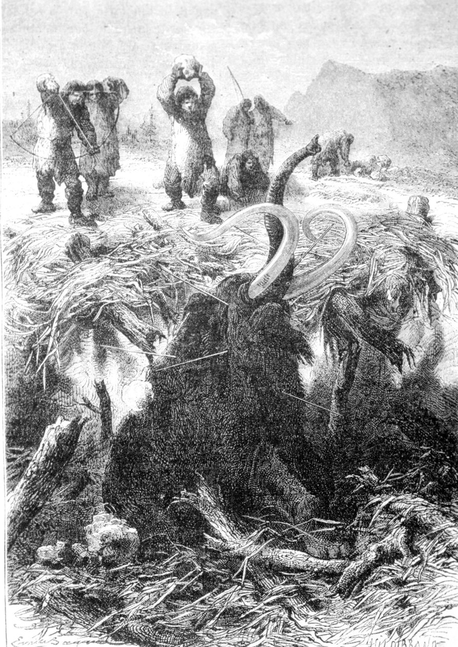Polowanie na mamuta. Rycina z końca XIX wieku. autorstwa Unknown artist
