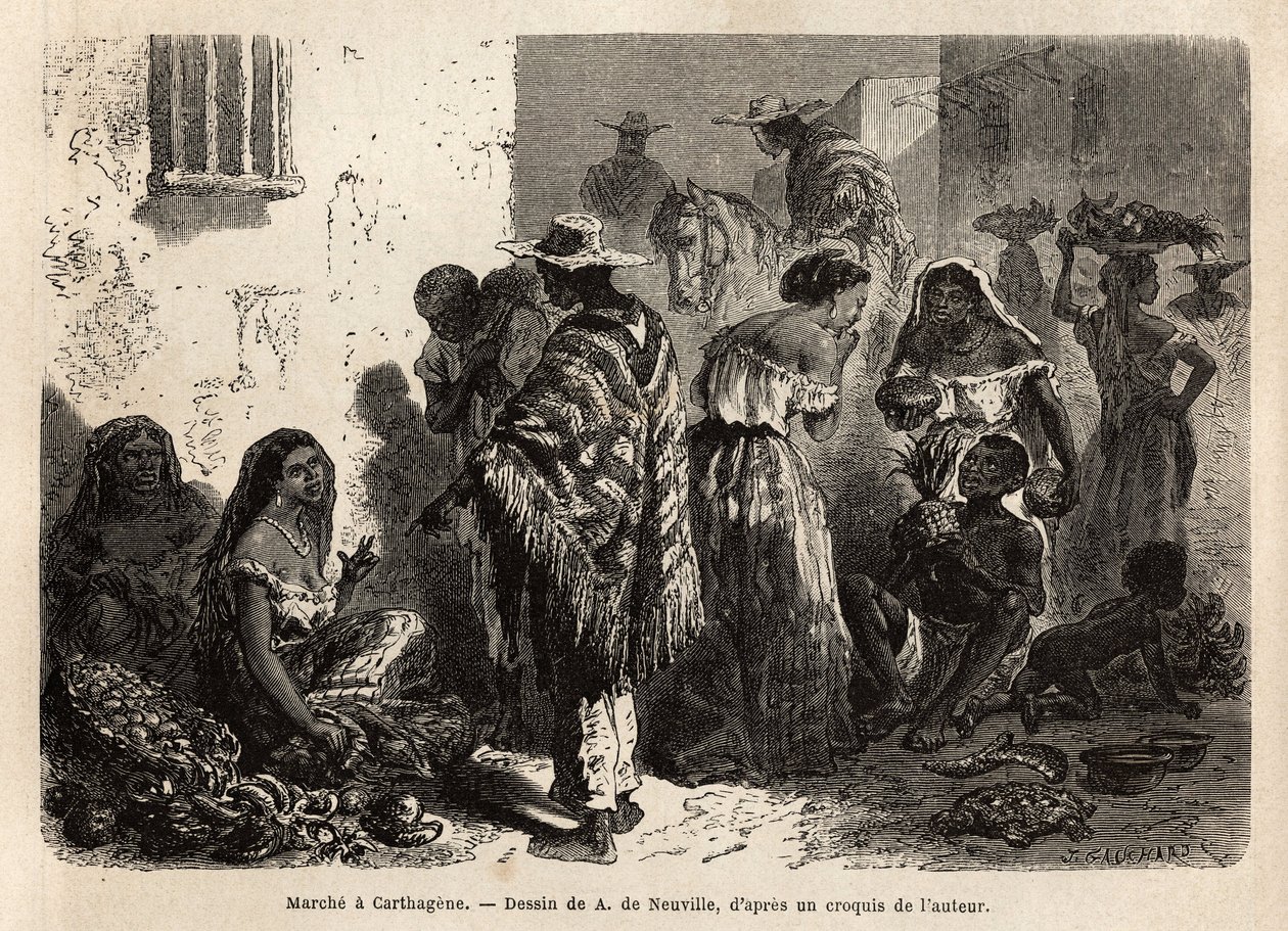 Marsz Cartagena (Kolumbia), na przedmieściach miasta, odwiedzany głównie przez Murzynów, Metów i Indian. Rycina ilustrująca podróż do Nowej Granady, autorstwa dr Saffray, w 1869, opublikowana w „”Le tour du monde”””” 1872, pod redakcją Edouarda Chartona, autorstwa Unknown artist