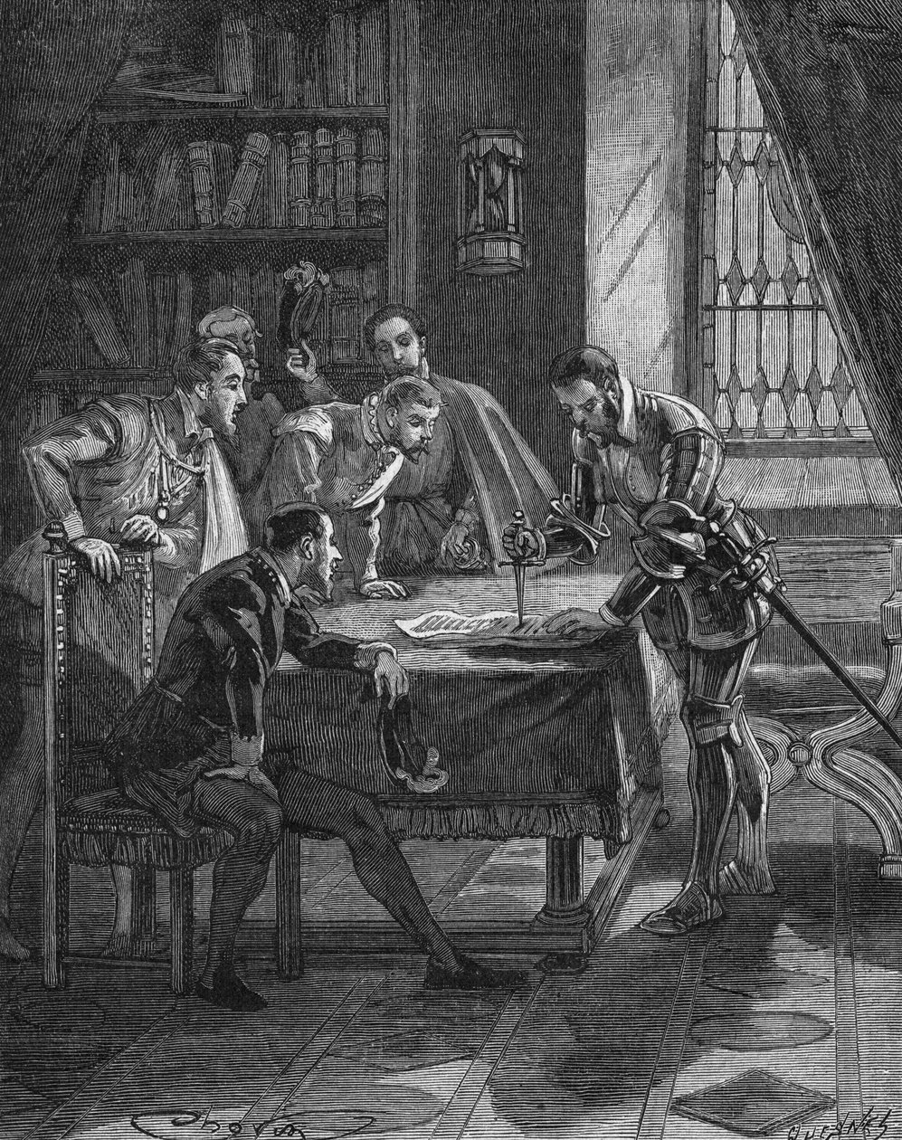 Marechal z Vieilleville wbijając swój sztylet w patent, dzięki któremu król Francji Henryk II (1519-1559) dał jemu i pięciu panom obecnym w pokoju prawo do konfiskaty wszystkich lichwiarzy i lutników z Guienne, Limousin, Quercy i S autorstwa Unknown artist