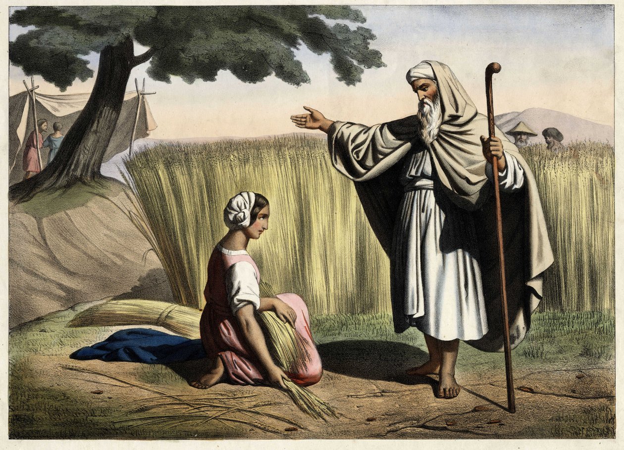 Spotkanie Rut i Boaza (Booz), dziadków króla Izraela Dawida (1000-972 pne). Anonimowy rycina z połowy XIX wieku. autorstwa Unknown artist