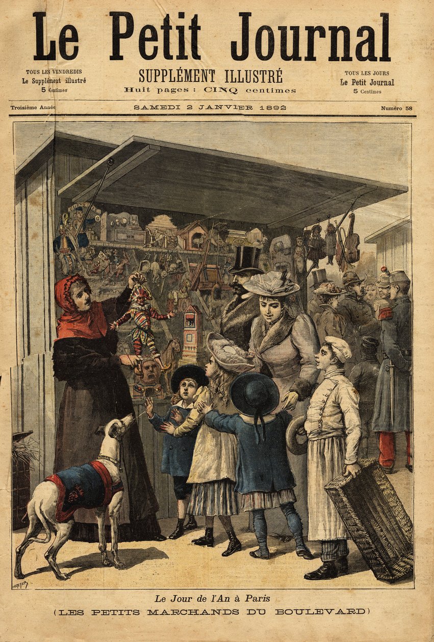 Kupcy i ich bulwary wyświetlają się w dzień w roku w Paryżu. Grawerowanie w „Le petit journal”” 2/01/1892. Kolekcja Selvy. autorstwa Unknown artist