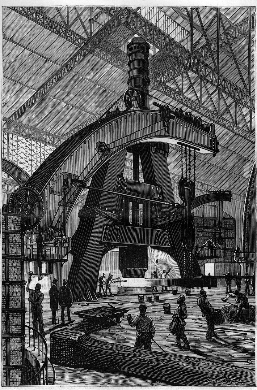 Przemysł metalowy: Kuźnia. Młot parowy Creusot (młot perkusyjny) zainstalowany w fabrykach Schneidera i Compagnie. Grawerowanie w „”La Nature”” autorstwa Unknown artist